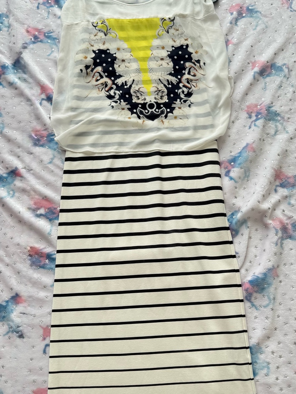 Striped Black & White Maxi Dress with Graphic Bodice